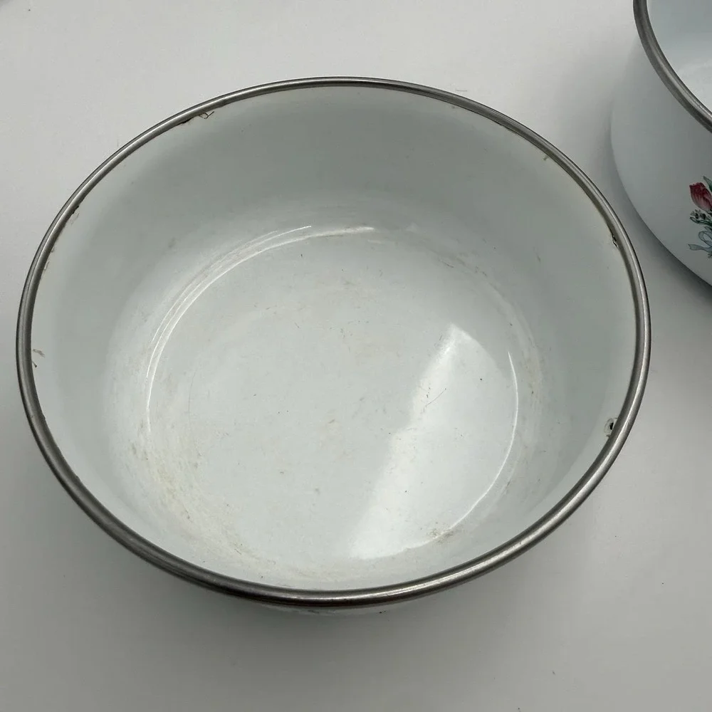 Vtg Metal Enamel Ware Nesting Mixing Bowls Set 3 Pink Floral MCM Cottage Shabby